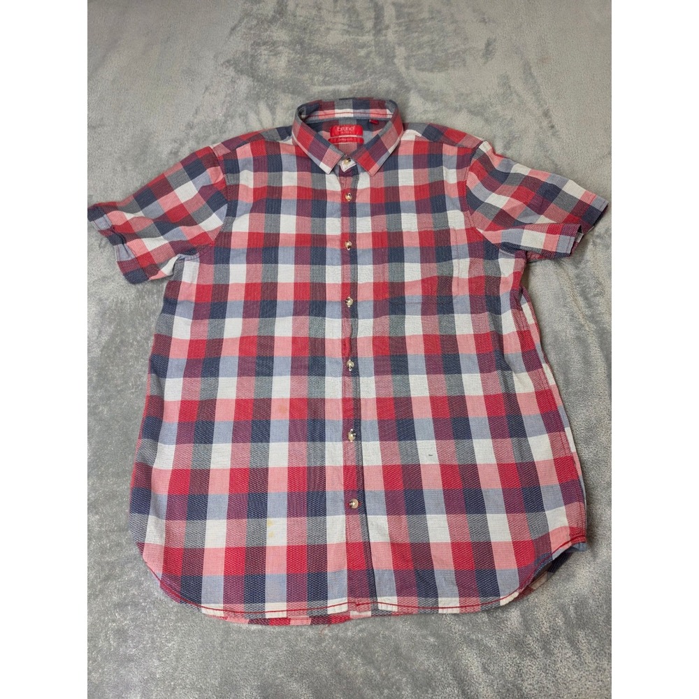 Bruno Milano Mens XL Modern Fit Plaid Button Down Shirt Short Sleeve Red Blue